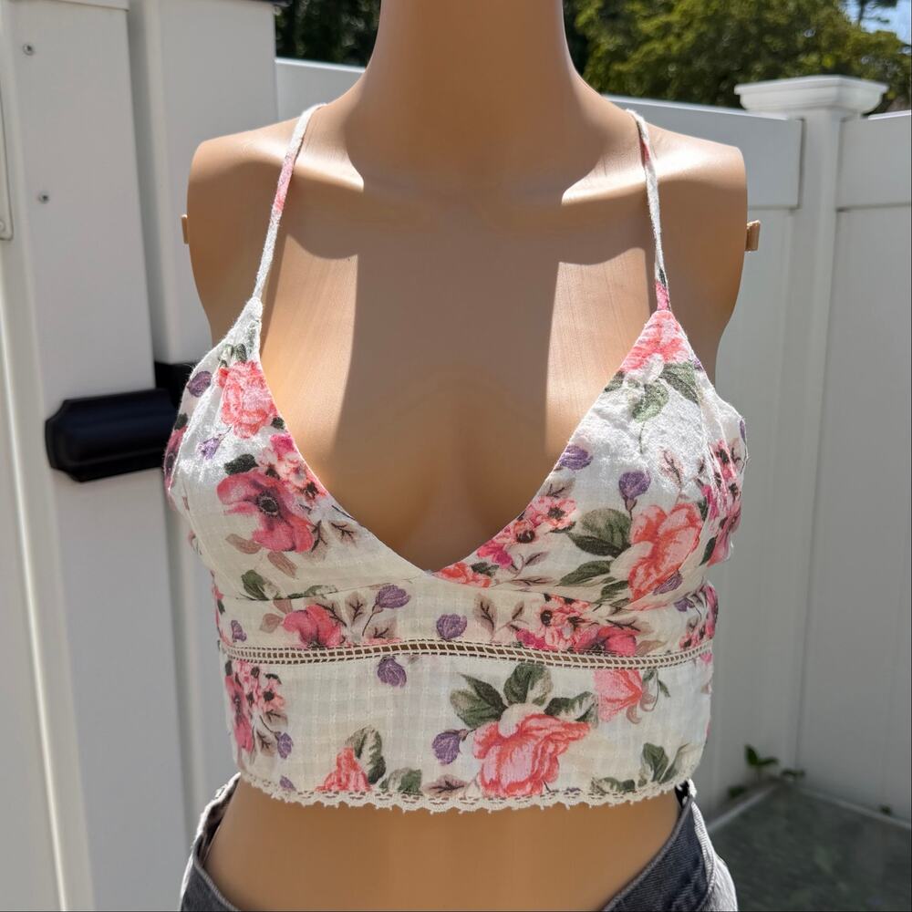 New ZARA Floral Crochet Lace Trim Crop Top Tie-Back Cotton Small Bralette NWT S